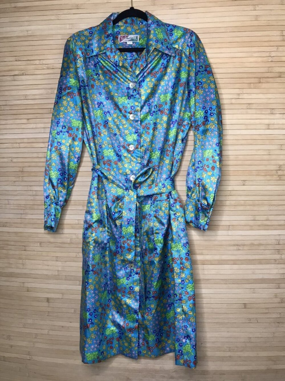 Vintage Vera Maxwell Mid Century Silky button down tie waist Shirt Dress sz L XL - Picture 1 of 6